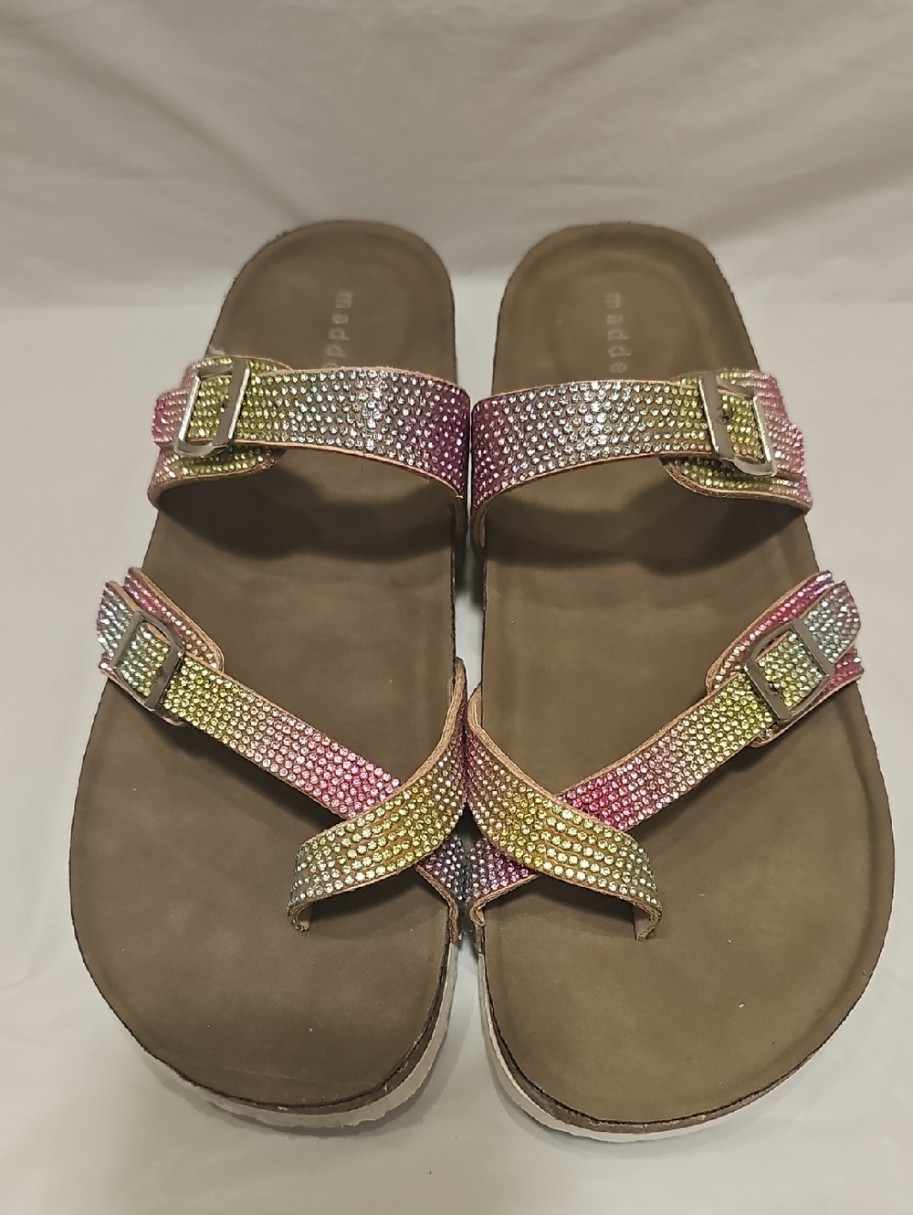 Madden Girl Pink and Gold Crystal Buckle Slide Sandals with Multicolor Sparkle